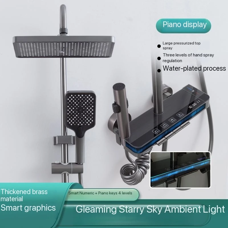 Home Hotel Apartment Bathroom Toilet Shower Digital Display Ambient Light Water Pressure Power Generation Hot and Cold Copper Shower Set Complete Set New High-End Fashionable Luxury Technology Modern Shower Set