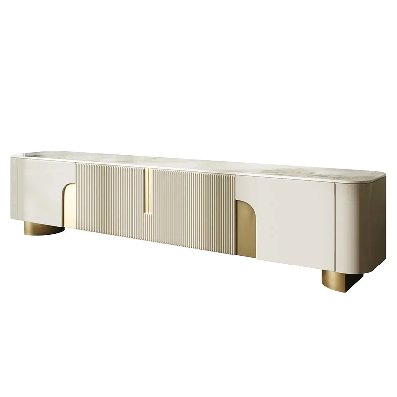 

Light luxury rock slab TV cabinet coffee table living room stainless steel storage floor cabinet combination