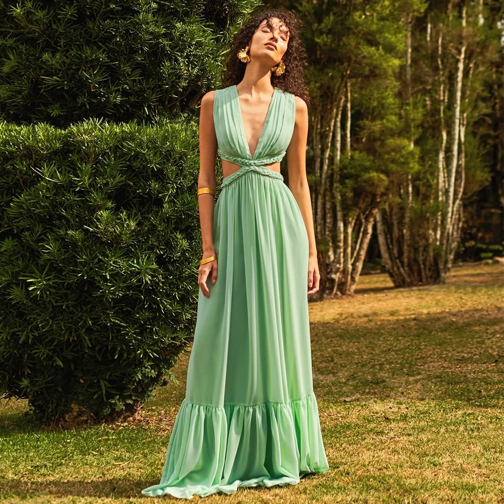 

Women's Holiday Dress Mint Chiffon Deep V Neck Cut Out Sexy Prom Gown Long Sleeveless A Line Ruched Pleated Summer Party Dresses