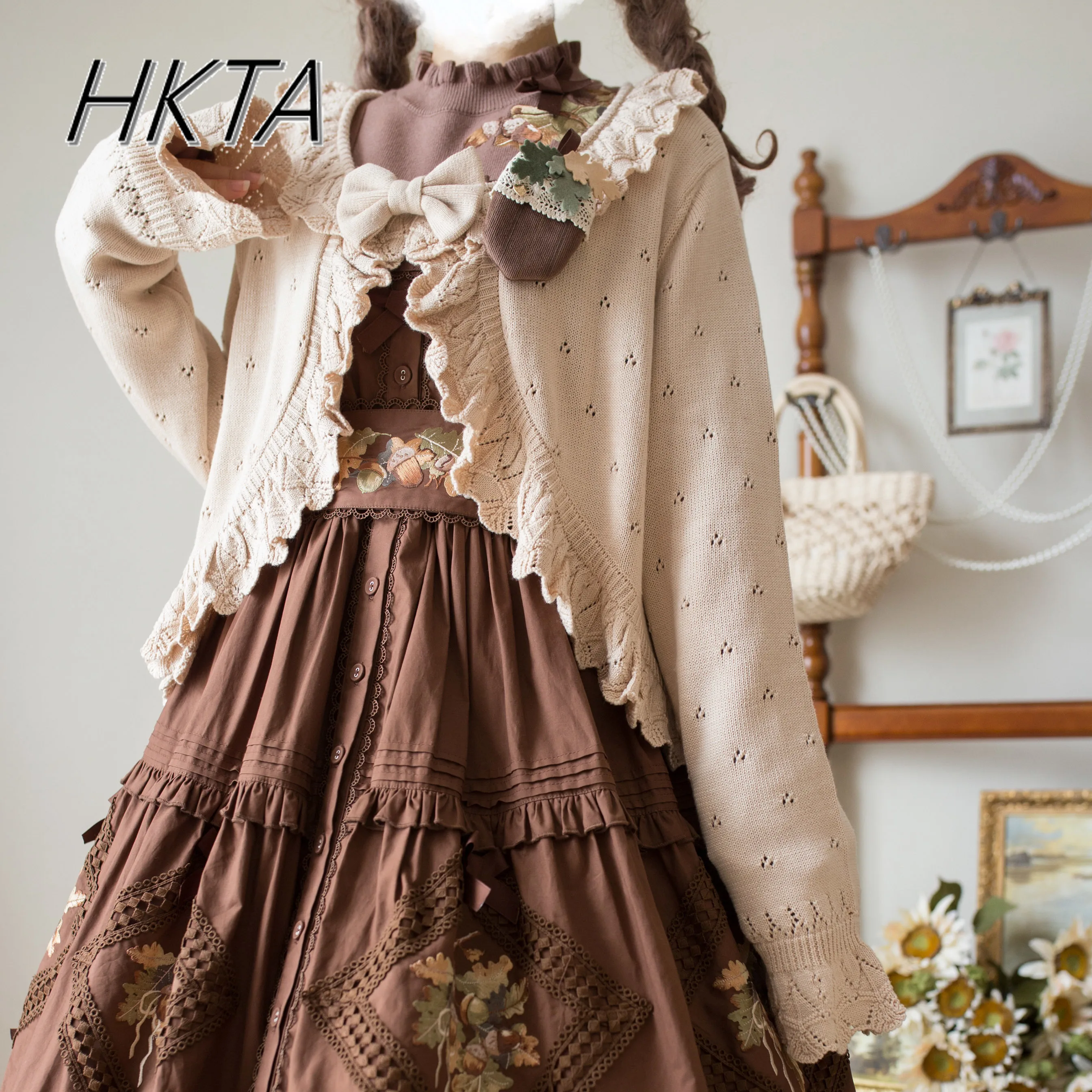 Kawaii Cute Lolita Sweater Cardigan 2025 Spring New Knitted Sweater Soft Girl Sweet Bow Ruffle Edge Long-sleeve Sweaters Jacket