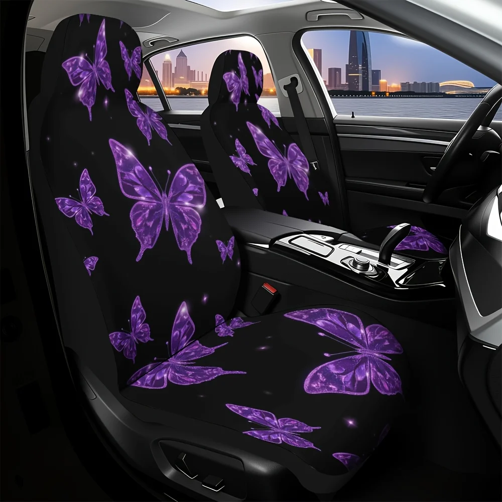 Set Of 2, Reliable And Long-Lasting Car Seat Covers, Elegant Purple Glitter Butterfly Design Suitable For Both Men And Women, Co
