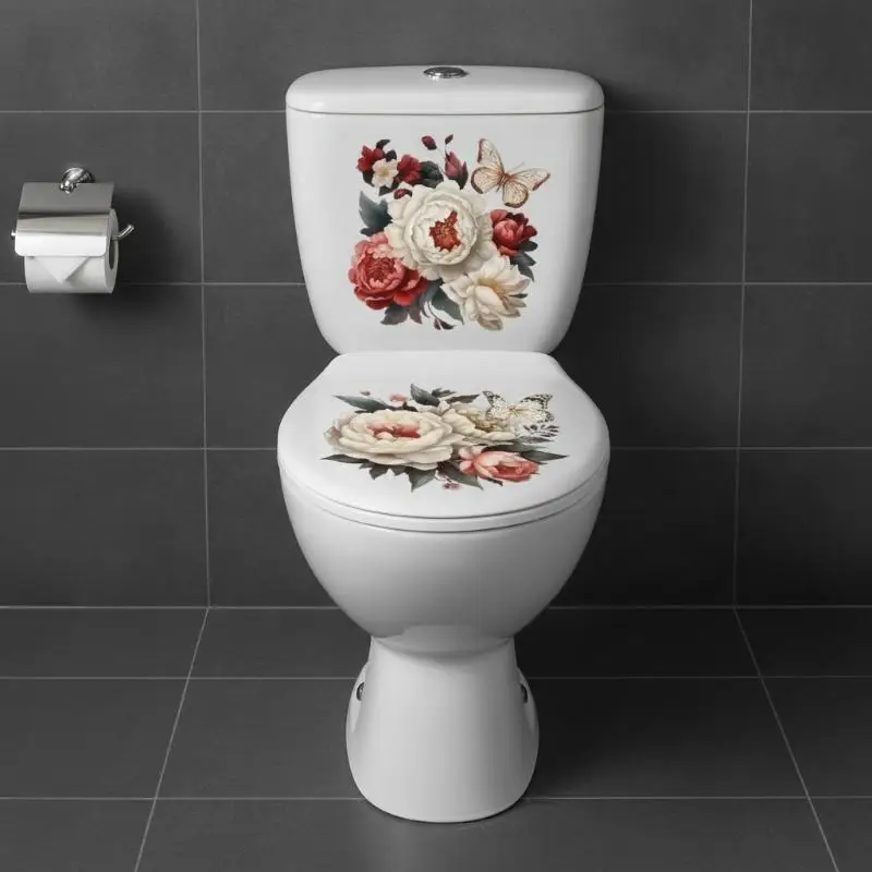 Self‑Adhesive Removable Floral Bathroom Decal Waterproof Toilet Lid Sticker for Household Wall Decoration