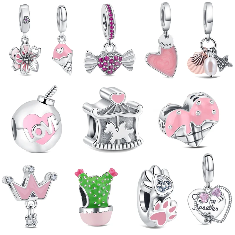 

New Authentic 925 Sterling Silver Pink Series Original Charm Love Potion Glass Heart Dangle Beads Fit Bracelet Jewelry ﻿