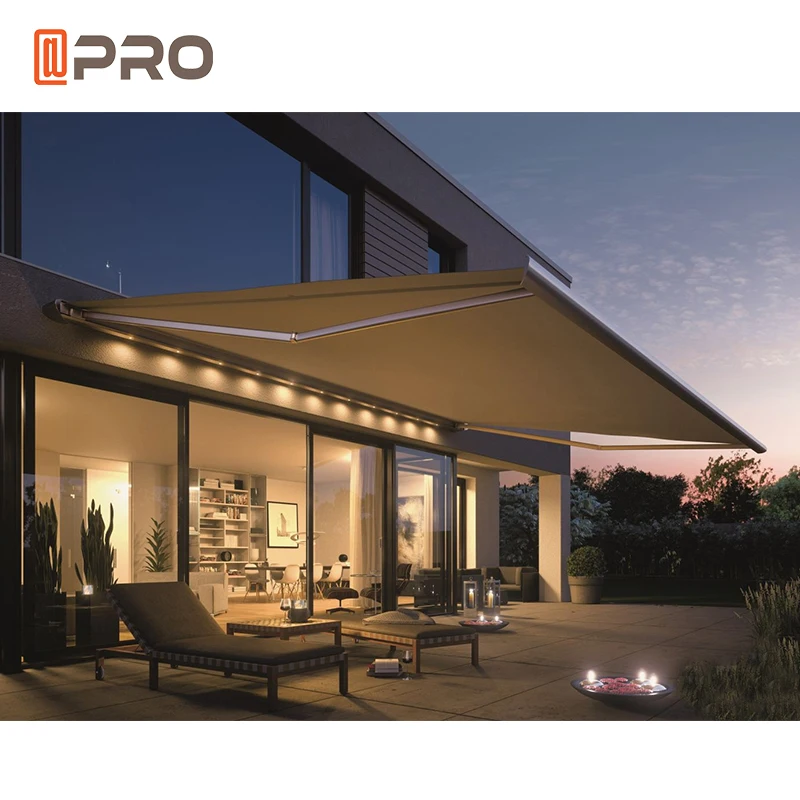 Aluminium Waterproof Cassette Electric Awnings With LED Lights Retractable Pvc Coated Awning for Sun Protection