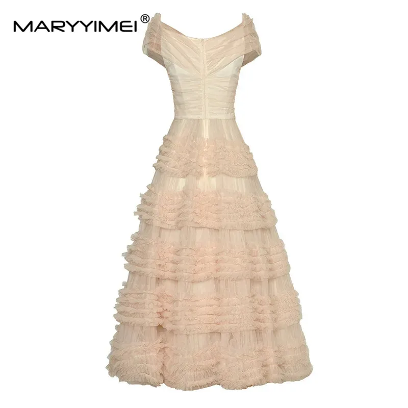 MARYYIMEI Fashion Designer dress Summer Women Dress Solid Color Elegant V-Neck High Waist Net Yarn Cascading Flounces Long Dress