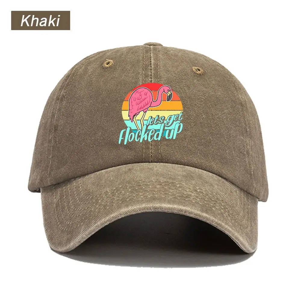 Vintage Washed Baseball Cap Retro Flamingo Let's Get Flocked Up Print Graphic Unisex Streetwear Casual Trucker Style Cotton Hat