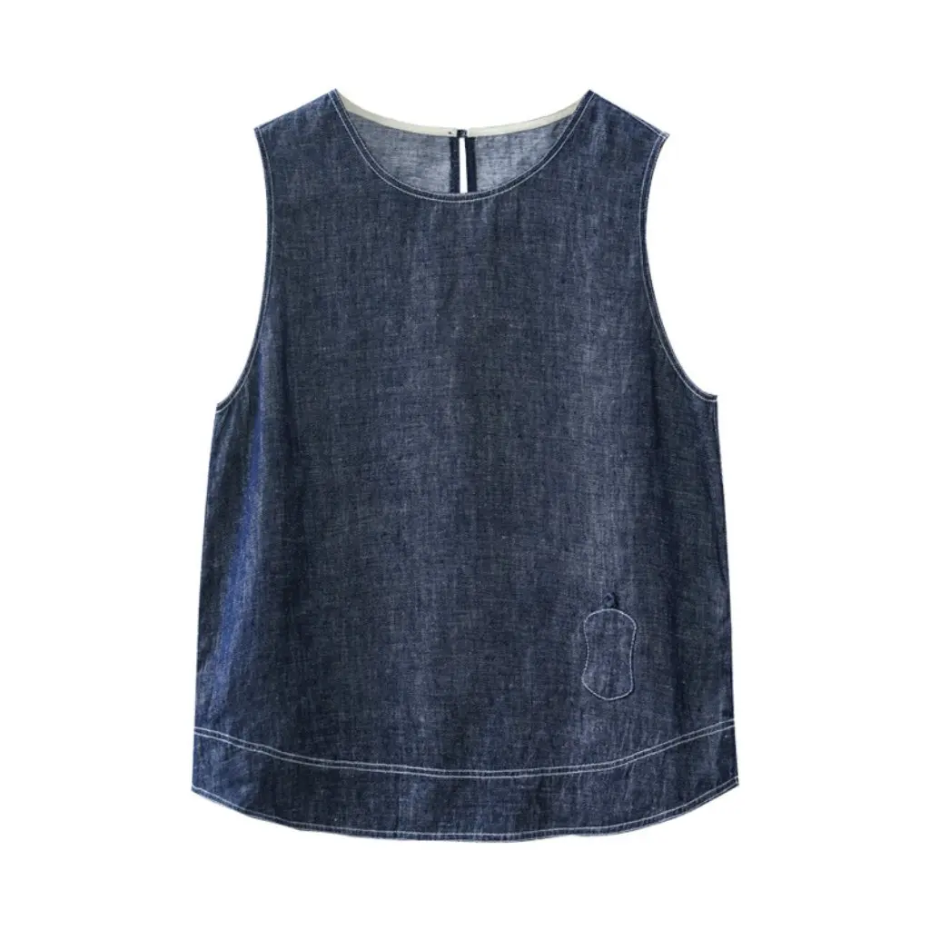 

Women's Summer Fine-Count Hemp Twill Yarn-Dyed Denim Sleeveless Shirt Top Cool All-match T-shirt Vest