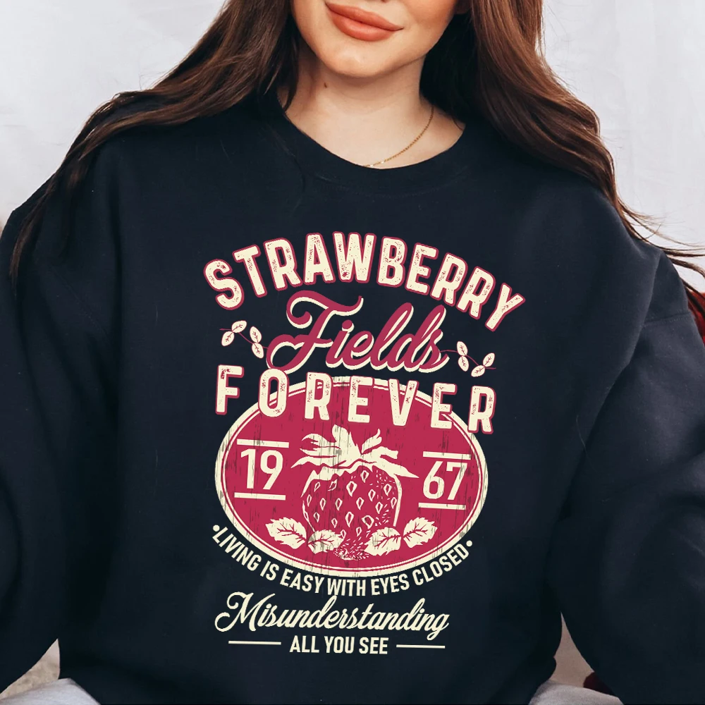 Retro Old School Band Tees Beatle Strawberry Fields Rock Band Casual Unisex Y2K Pullovers Funny Fleece Sweatshirt Streetwear