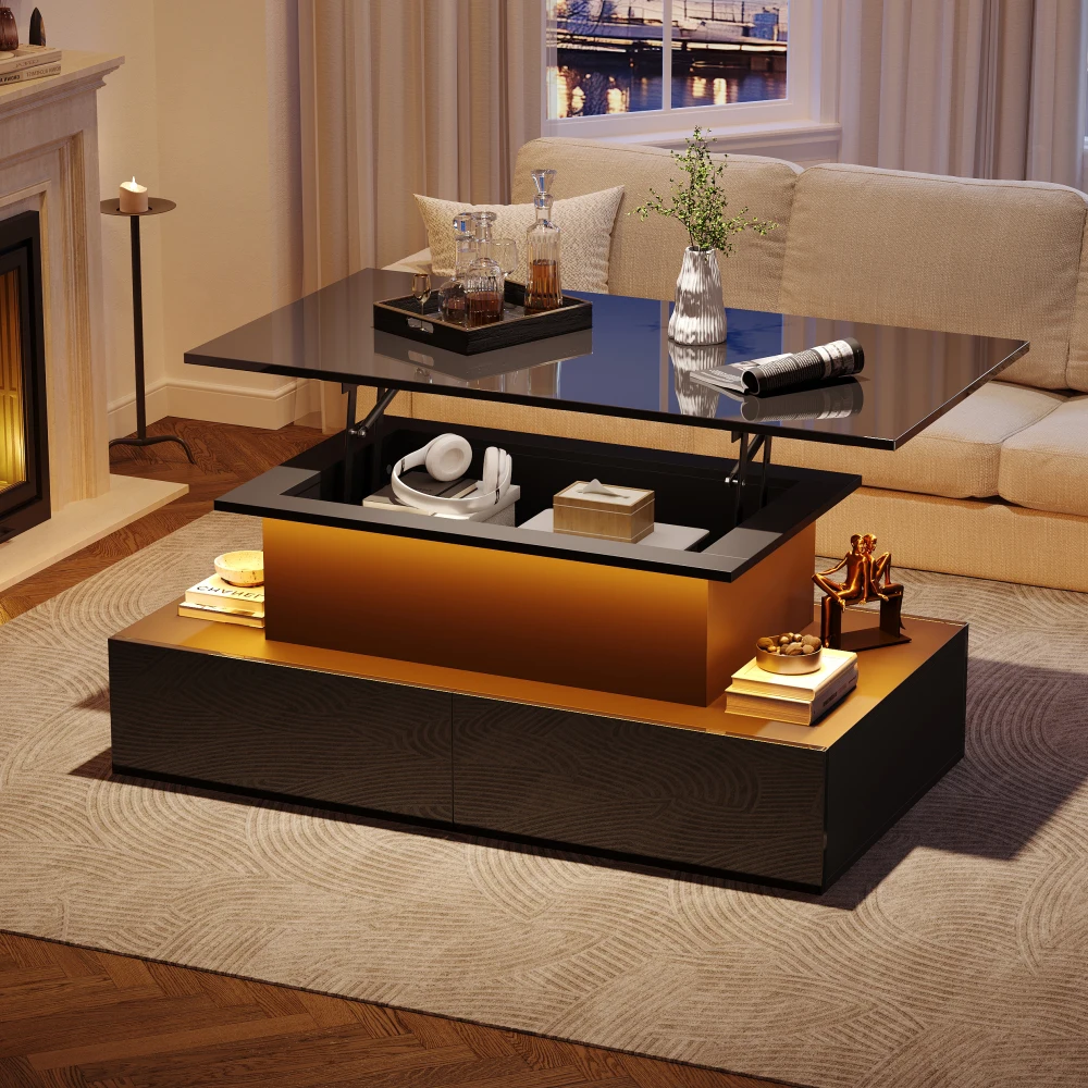 LED High Gloss Coffee Table with 4 Drawers, Lift Top Coffee Table, Wood Lifting Table Tea with Storage, 90 x 55 x 42.5 cm, Black