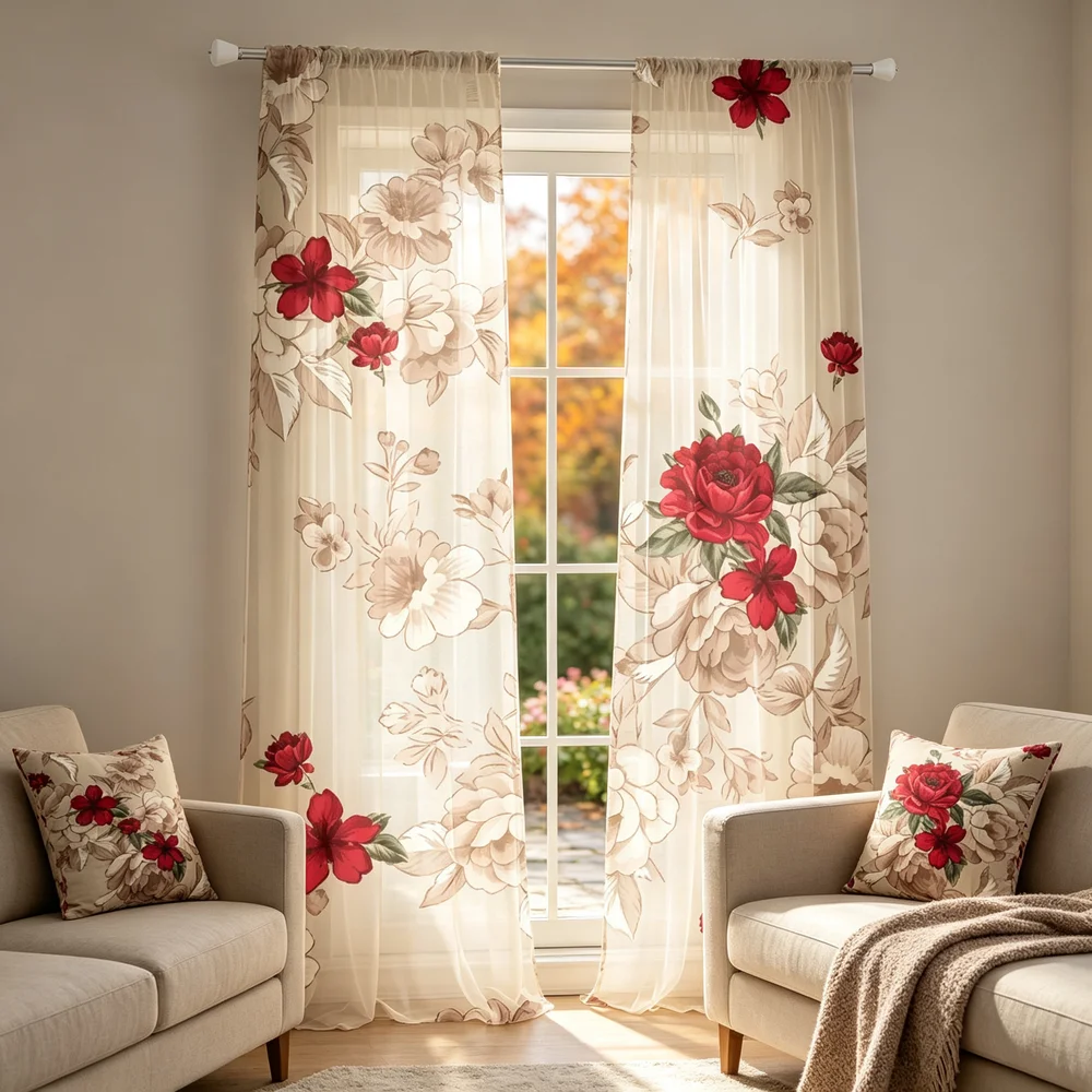 2PCS Sheer Curtains, Khaki Wine Red Peony Floral Print, Bedroom Living Room Window Drapes, Rod Pocket Polyester, Home Decor