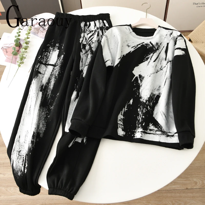 Garaouy 2024 Spring Women O Neck Long Sleeve Irregular Foil Sweatshirt+Elastic High Waist Sweatpants Female Loose Tracksuit Set