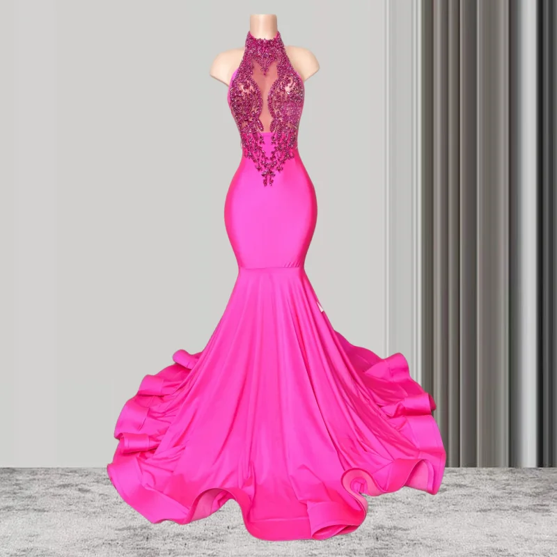 Luxury Fuchsia Sexy Halter Long Black Girls Prom Dresses Mermaid Style Beaded Crystals Prom Party Gowns Customized