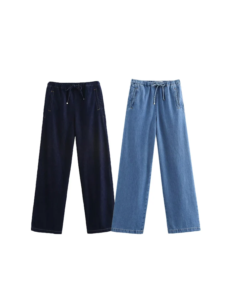 

KUCLUT Women Fashion Denim Blue Lace Up Jogging Pants Vintage High Elastic Waist Full Length Female Chic Lady Trousers