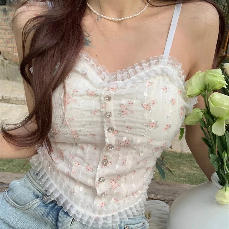 Women's Casual Floral Print Lace Up Back Sleeveless Spaghetti Strap Bandeau Tube Crop Corset Top