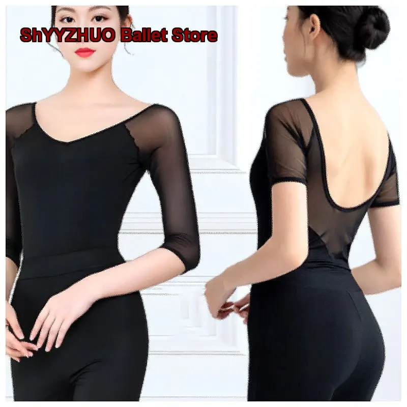 Women's Mesh Sleeve Top with Built-in Bra Elegant Formal Walk Practice Leotard With Cups