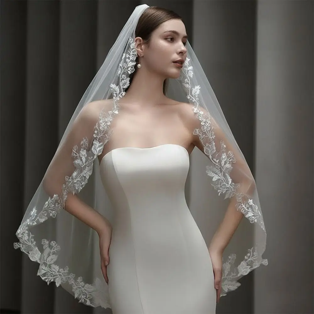 Vintage 100cm Wedding Veil One Layer Soft Tulle Bridal Headpiece White Ivory Lace Appliques Bridal Headdress Brides