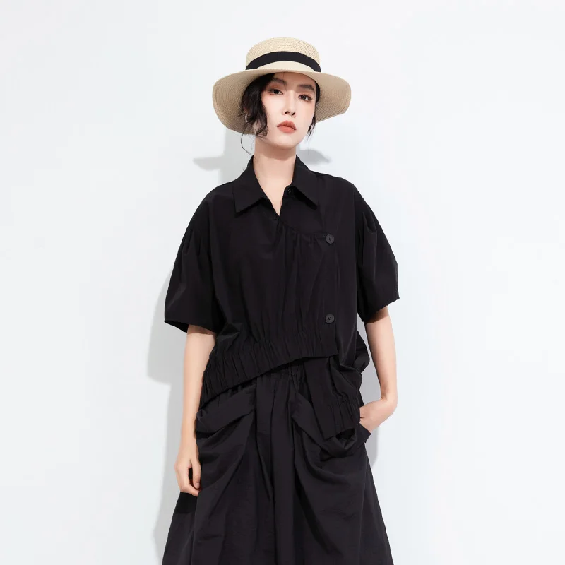 

Loose Casual Women's Short Sleeve Shirt Simple Fold Collar Asymmetrical Hem Design Breathable Cotton Polyester Blend Shirt