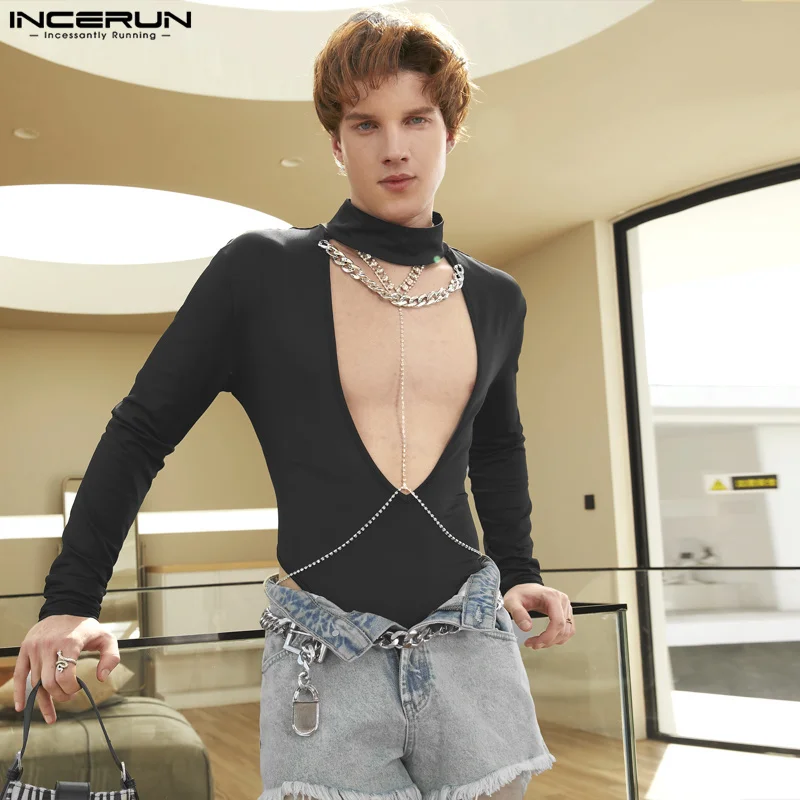 INCERUN 2024 Sexy Loungewear Men\'s Half High Neck Spliced Chain Deep V Jumpsuits Male Solid Long Sleeve Triangle Bodysuits S-5XL