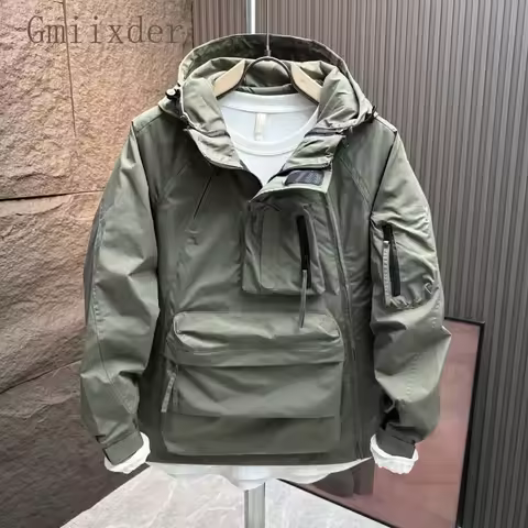 Cargo Cityboy Workwear Hooded Jacket Men's Spring Autumn Loose Casual Coat Big Zipper Pocket Urban Safari Jacket For Men