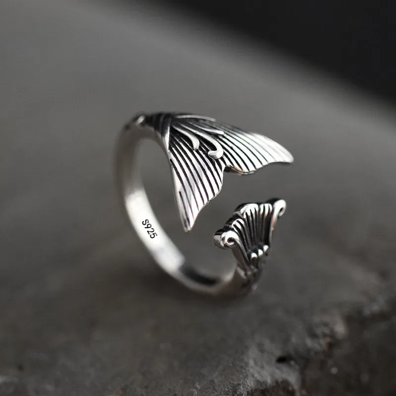 925 Sterling Silver Rings For Women Vintage Handmade Adjustable Retro Fish Tail Ring Fashion Female Bijoux Gift