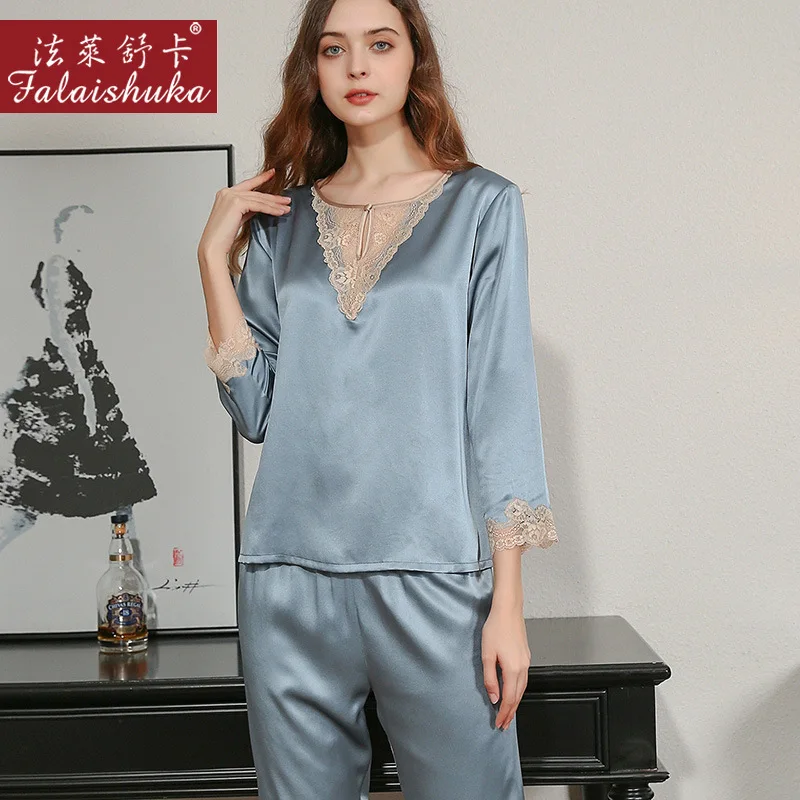 19 momme 100% silk pajamas sets women sexy lace Neck long sleeve sleepwear noble pure color elegance silk pyjamas women T8258