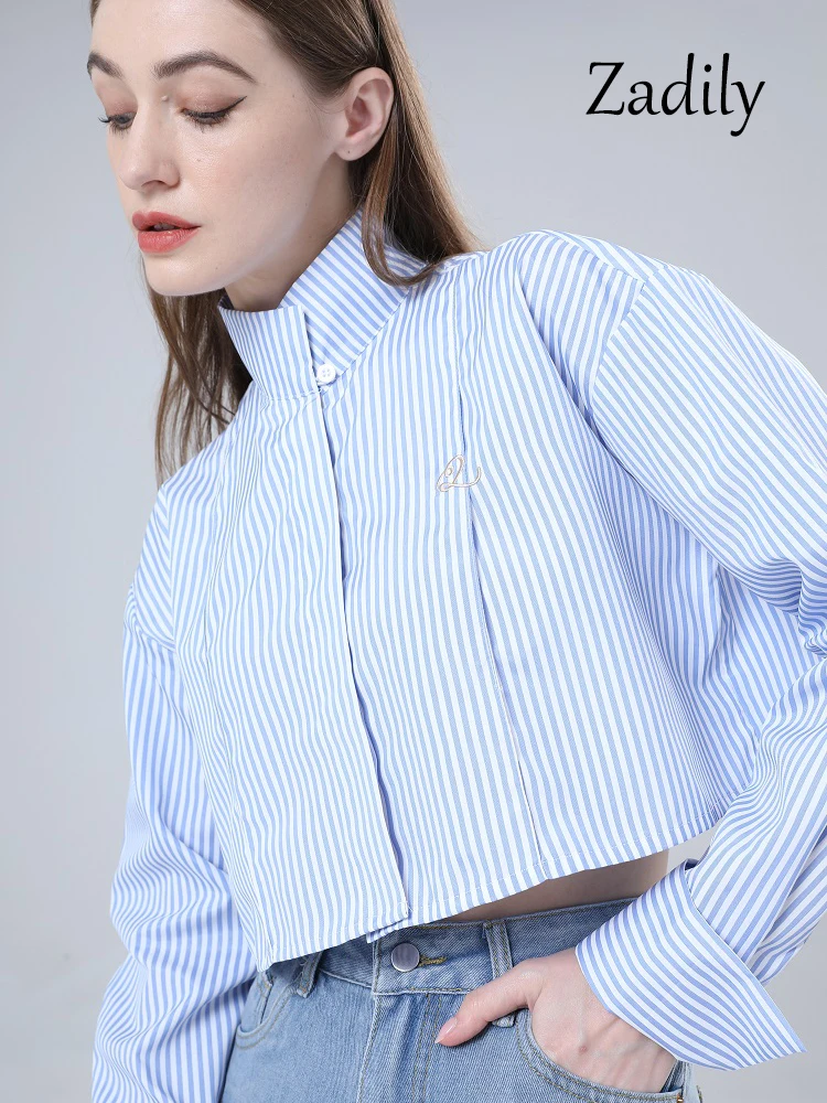 Long Sleeve Striped Shirt Korean Style Button Up Stand Neck Crop Tops Embroidery Ladies Blouse Streetwear Clothing Sumer 2024