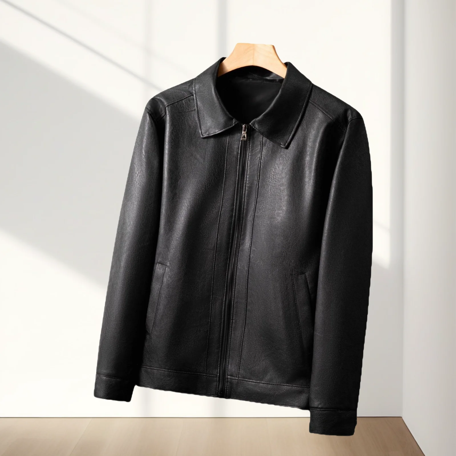 

Classic Simple Lapel Style Young and Middle-Aged Men's Business Casual Zipper Pu Leather Jacket Men's Thin Four-Season Leather J