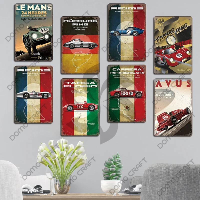 Racing Car Plaque Metal Tin Signs F1 Racetrack Vintage Metal Poster Wall Art Decor for Garage Racing Club Home