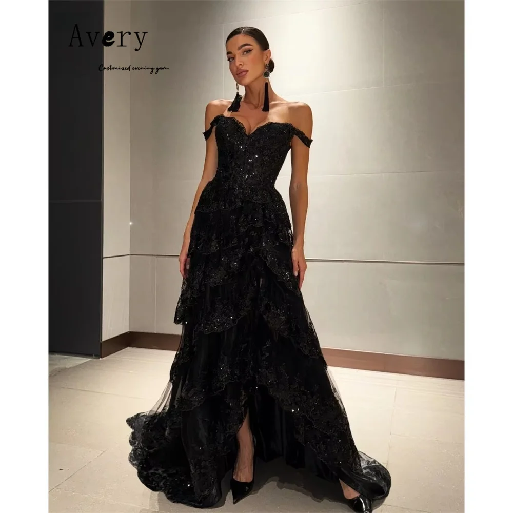 

Avery Custom A-Line Side Slit Black Shiny Luxury Elegant Party Dresses for Wedding Woman Gala Dress Bespoke Occasion Dresses