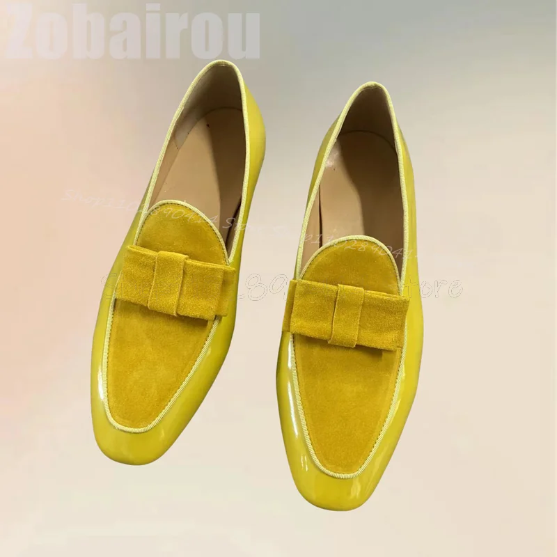 

Yellow Bow Knot Patent Leather Splicing Suede Loafers Fashion Slip On Men Shoes Luxury Handmade Party Banquet Men Casual Shoes