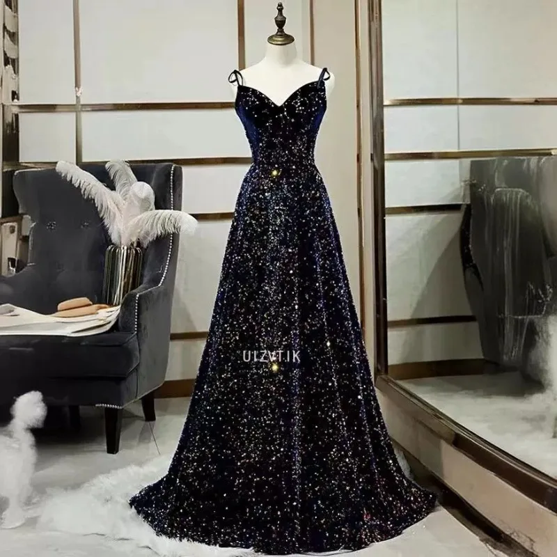 Vestidos de noite personalizados femininos, lantejoulas pretas, alça sgaphetti, renda até o chão, plus size, vestido formal de festa feminino