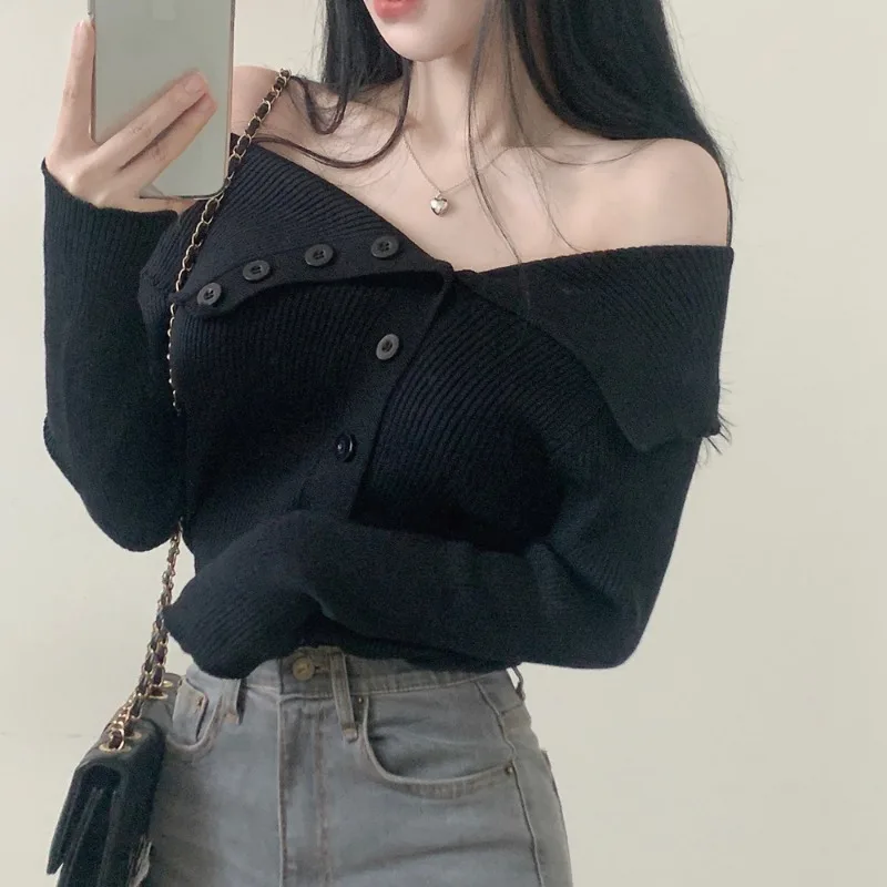 Office Lady Long Sleeve Knit Tops Women Sexy Off Shoulder Sweater Autumn Winter Korean Fashion Slim Fit Cardigans Clothes 29336