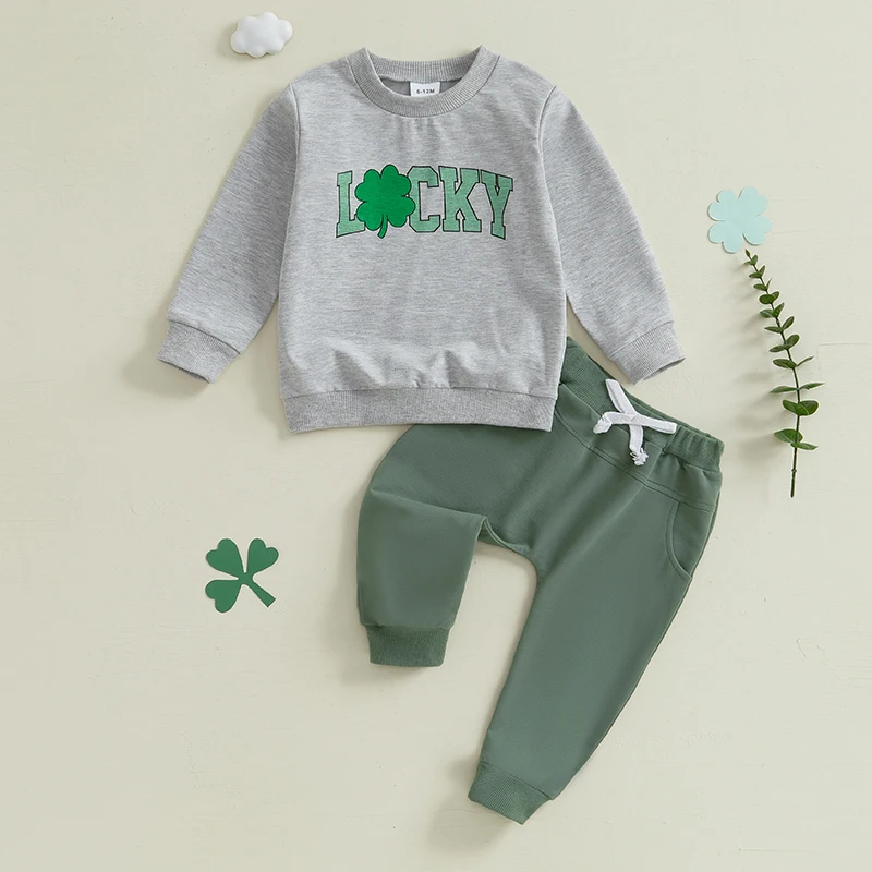 Stylish St Patrick s Day Ensemble Boys Long Sleeve O Neck Top with Clover Print and Drawstring Pants Set in Solid Color