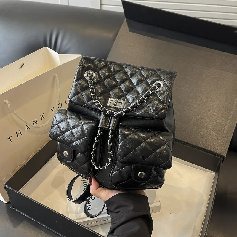 

Fall 2025 New Arrival! Trendy Women's Diamond-Quilted Chain Double-Shoulder Backpack – Large Capacity with Multiple Pockets