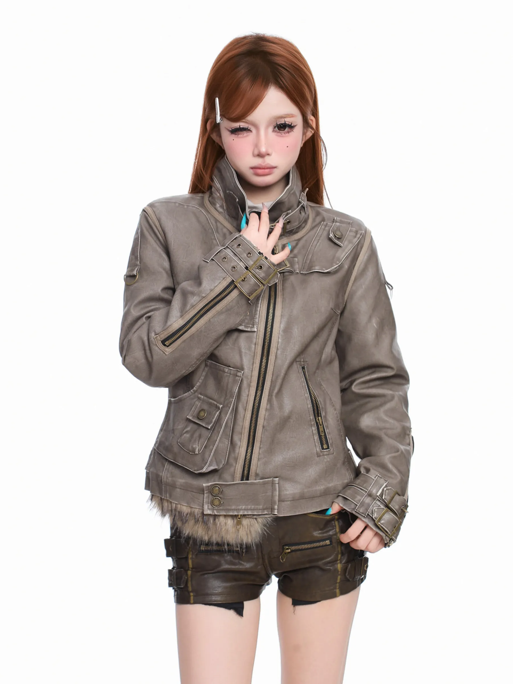 Spring and Autumn Punk Hot Girl Workwear Gray PU Leather Jacket Women's Motorcycle Style Short Black Coat Slim Leather Shorts