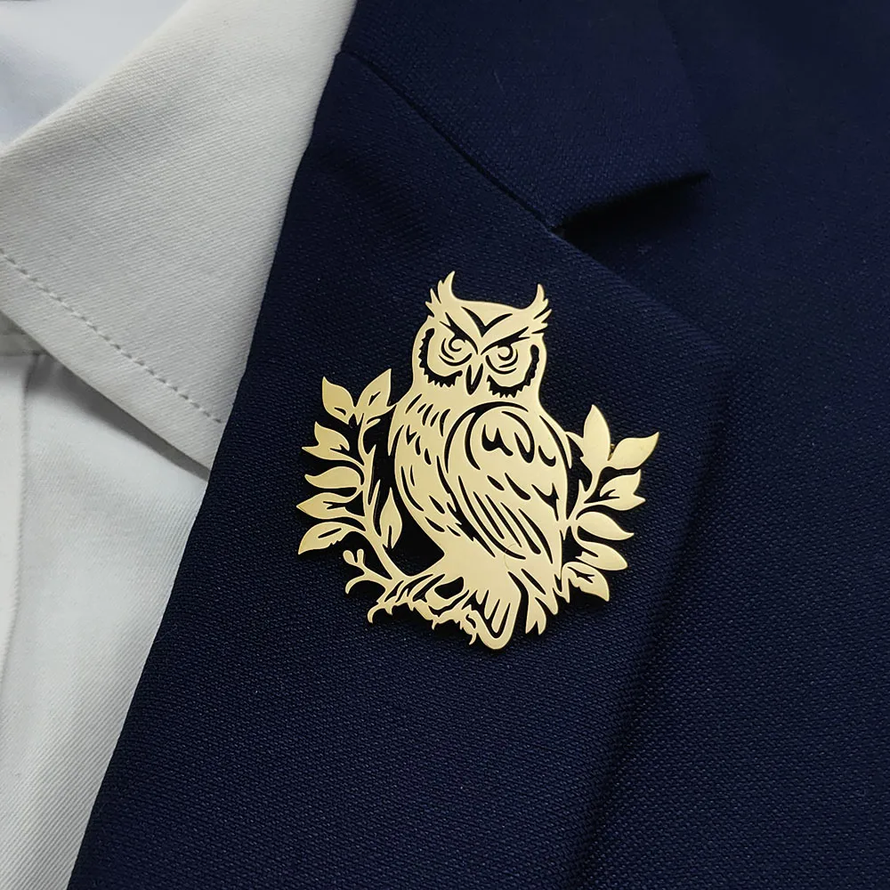 

18K Gold Plated 316L Stainless Steel Owl with Leaves Silhouette Lapel Pin, Nature Brooch, Suit & Casual Accessory