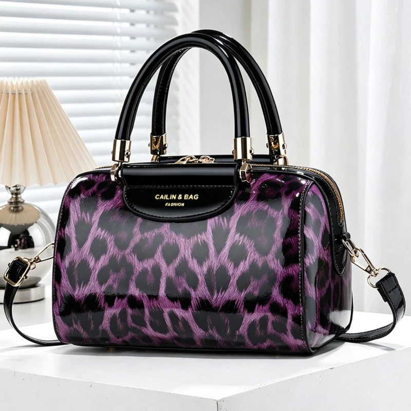 Women's Patent Leather Leopard Print Boston Handbag, Large Capacity Handbag with Multiple Pockets, Women's Crossbody Bag with Ad