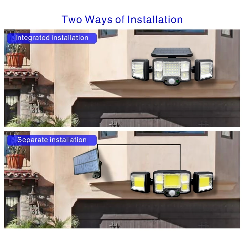 Luces LED solares para exteriores, lámpara de pared con 3 cabezales, COB 192, Sensor de movimiento, impermeable, 3 modos, con Control remoto, para