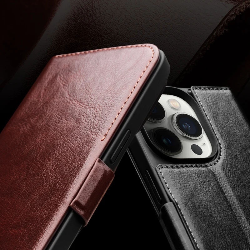 Qialino Genuine Leather Flip Phone Case For Iphone Due 18 Air 17 16 15 Pro Max Plus Handmade Phone Cover With Card Slots Cover
