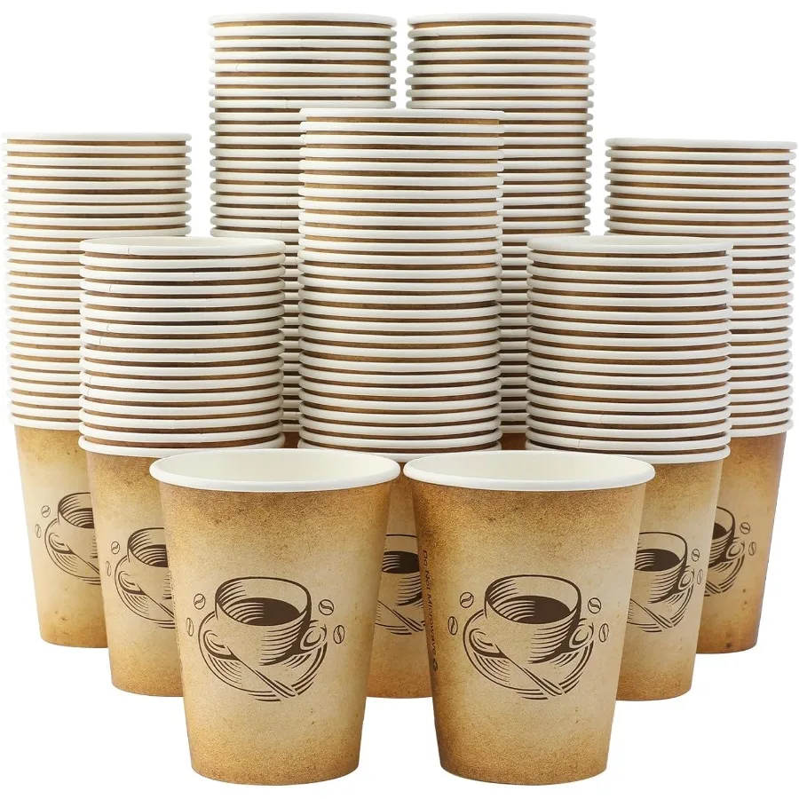 

300 Pack 12oz Paper Coffee Cups for Hot and Cold Beverages Retro Design Disposable Cups with LeakProof Lid Ideal for Coffee Sho