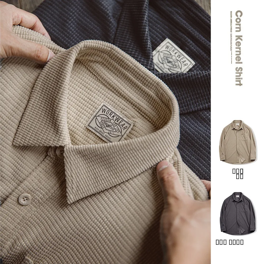 

Мужская рубашка Maden Plaid Long Sleeve Casual, однотонная, с винтажным воротником, в американском стиле, свободного кроя, осенняя коллекция, версия Stand Edition