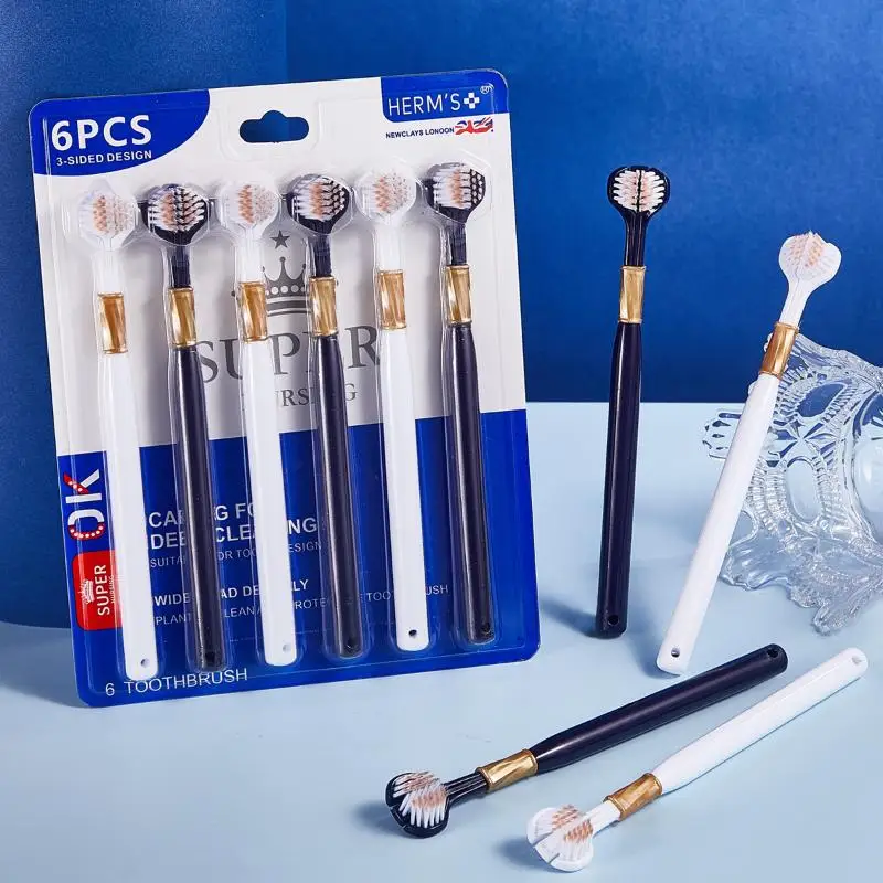 Hot Sale 6Pcs Family Soft Bristled Three Sided Toothbrush - Efficient Cleaning Three Headed Manual Toothbrush