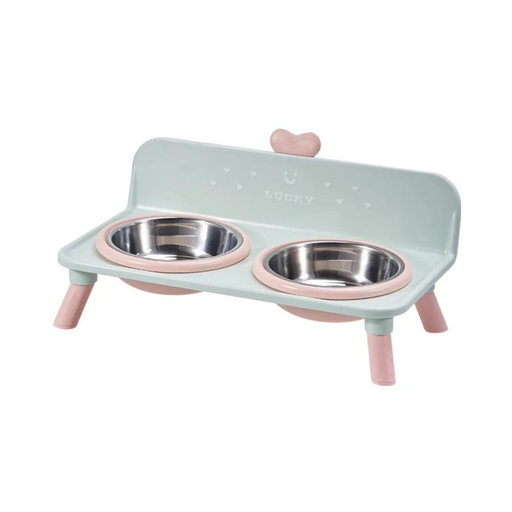 Stainless Steel Pet High-foot Bowl Love-heart Double Bowl Anti-slip Dog Water Bowl Splash-Proof Barrier Neck Protection