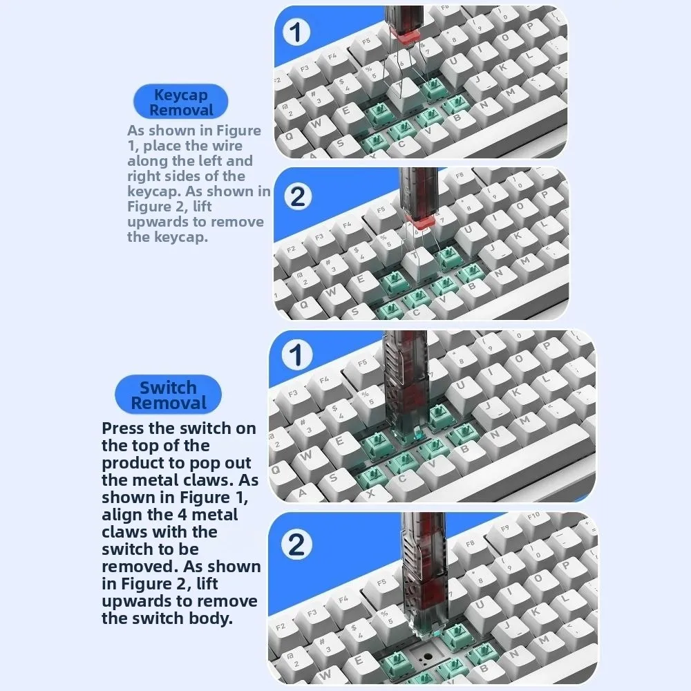 Extrator de tampas de teclas 2 em 1, ajustador de ação de teclado multifuncional diy, design de quatro mandíbulas, extrator de interruptor de teclado portátil, teclado rgb