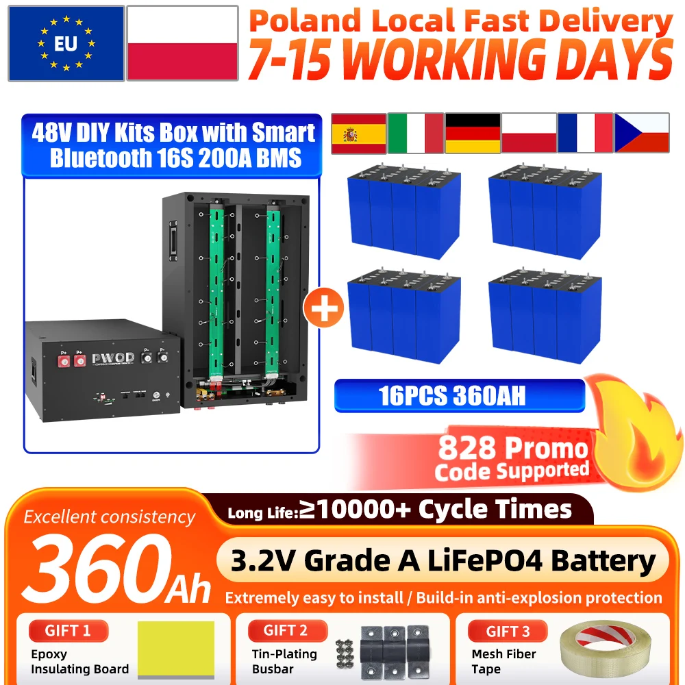 Image of LiFePO4 360Ah 3,2V Batterie 10000 Zyklen Prismatische wiederaufladbare LFP-Zelle mit 48V DIY-Kit-Box mit 2A aktivem Balancing 16S 200A BMS Max. 16 Einheiten parallel Stapelbares tragbares Design für