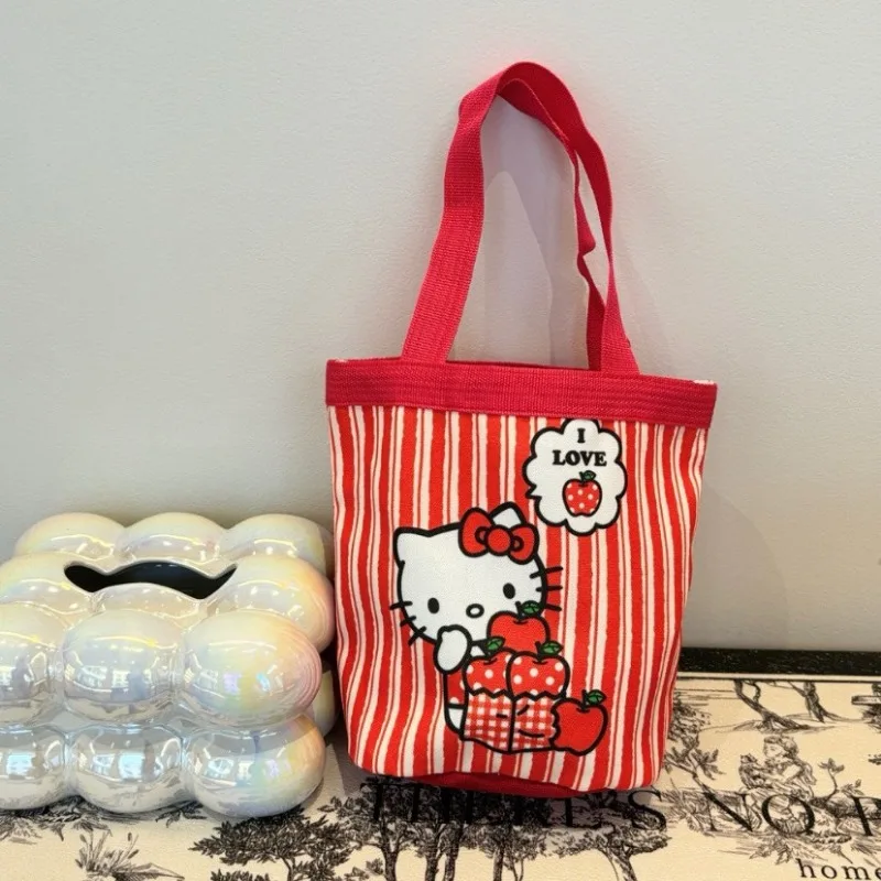 

Cute Sanrio Hello Kittys Handbag Girly Heart Large Capacity Bucket Bag KT New Year Red Hand-held Lunch Bag Cartoon Girl Gift