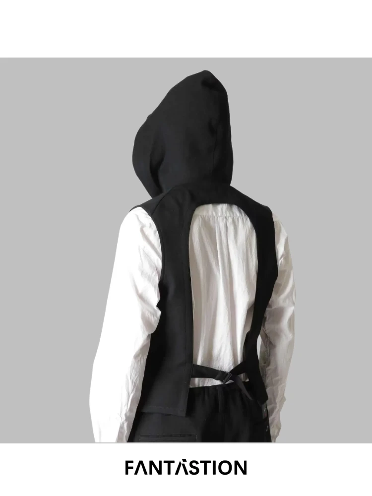 

FANTASTION avant-garde hooded vest featuring sculpted back cutout, adjustable fit slim jacket for curated daily wear suit vest