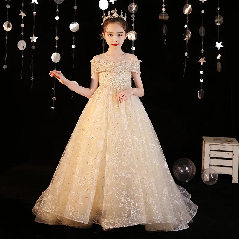 

Children's Dress Tailings Fashionable Flower Girl Piano Performance Costume Host Princess Skirt Evening Dress Walk Show
