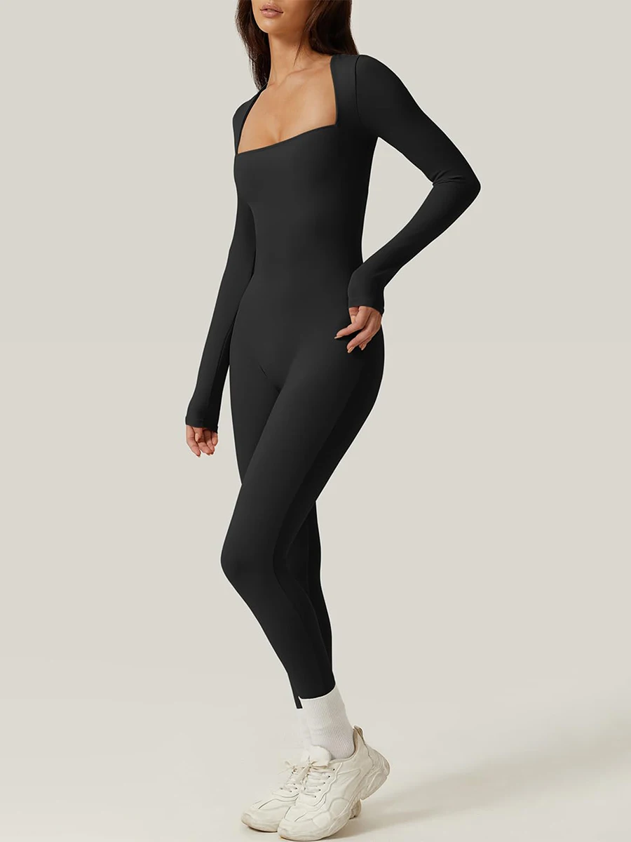 Jumpsuit lengan panjang leher persegi wanita, Legging panjang penuh Bodycon baju monyet latihan Yoga Playsuit Bodysuit