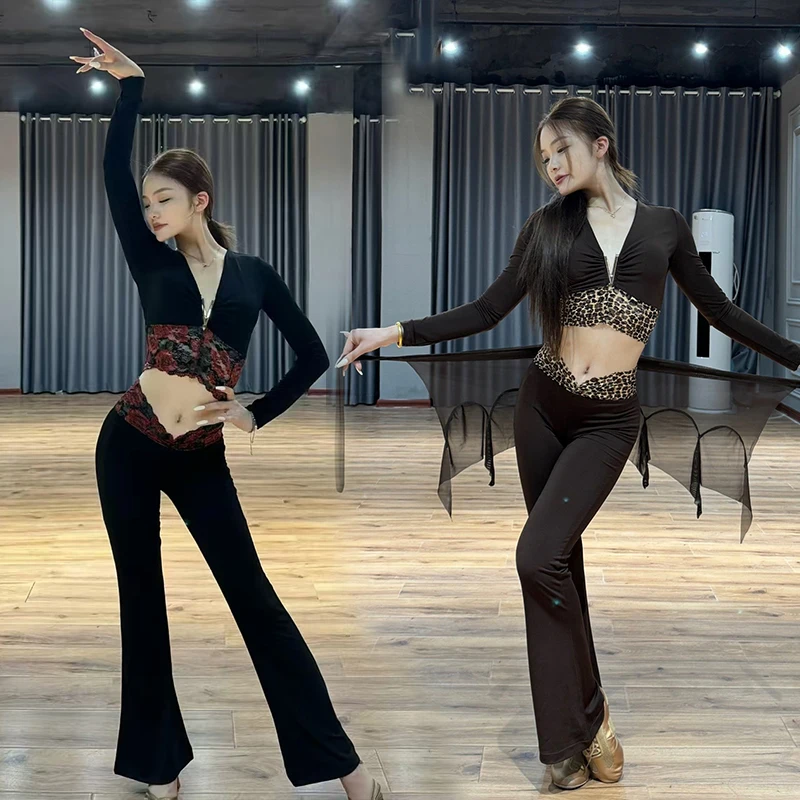 

New Latin Dance Costume For Womens Prom Leopard Print Mesh Practice Pants Suit Waltz Tango Ballroom Dancing Training Wear XH2045